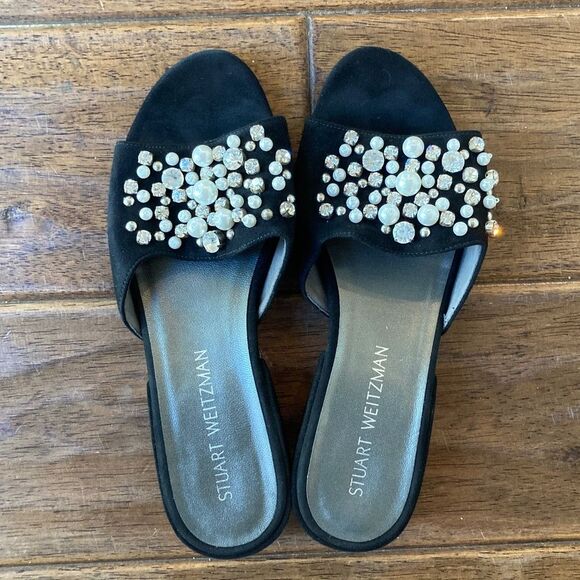 Stuart Weitzman Decorslide Women's Black Pearl Slide Sandals 6.5 M Block Heel - Picture 2 of 12